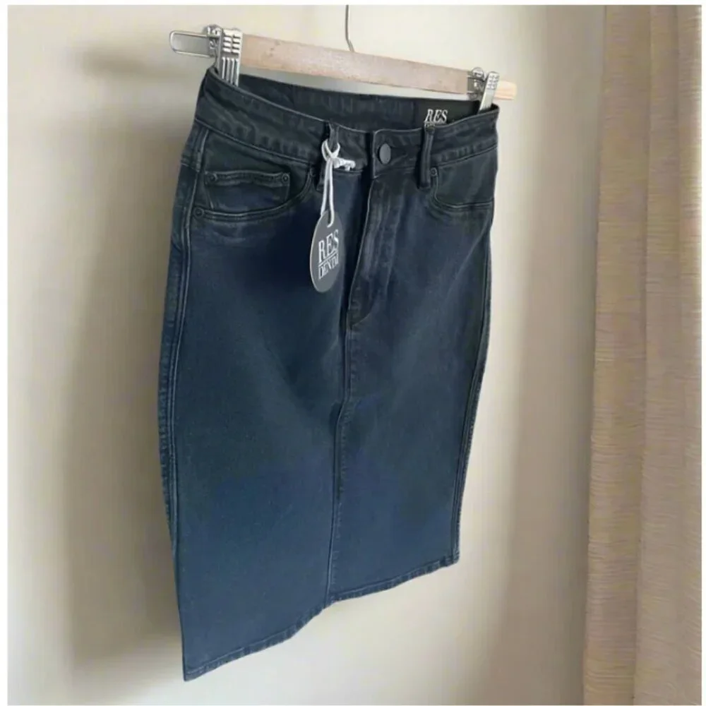RES Denim Pencil Mini Skirt Womens 27 Black High Waist Short Stretch